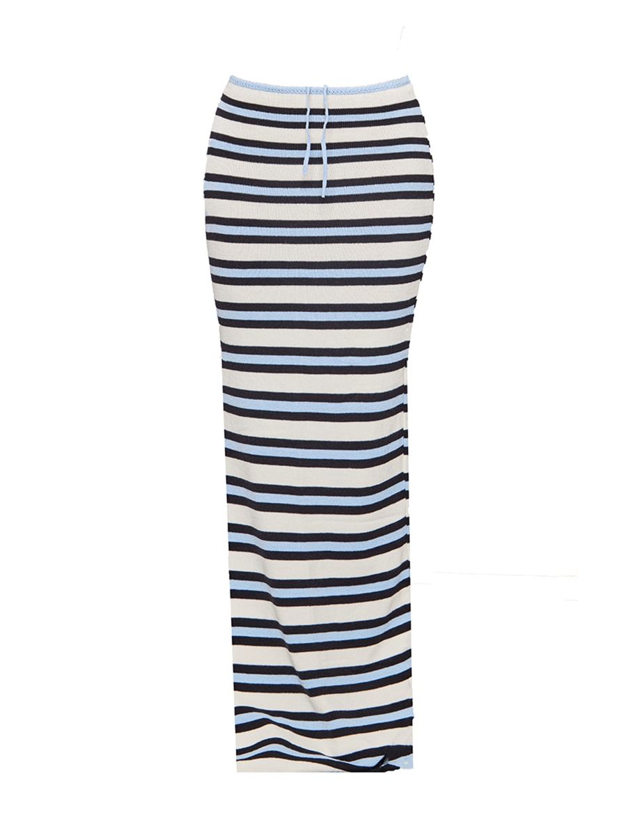 Monochrome Striped Knitted Side Split Maxi Skirt - 4