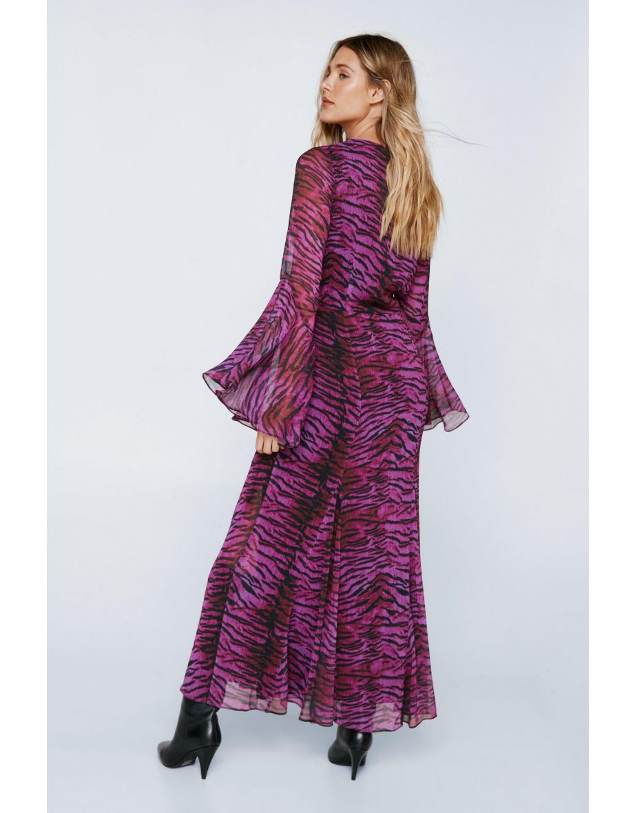 Animal Print Chiffon Long Sleeve Maxi Dress - 3