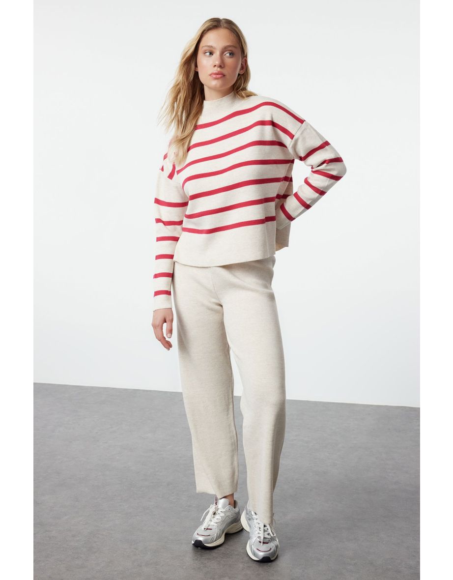 Stone Striped Knitwear Top and Bottom Set with Trousers