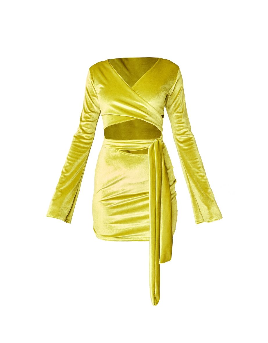 Lime Green Velvet Wrap Around Long Sleeve Bodycon Dress - 4