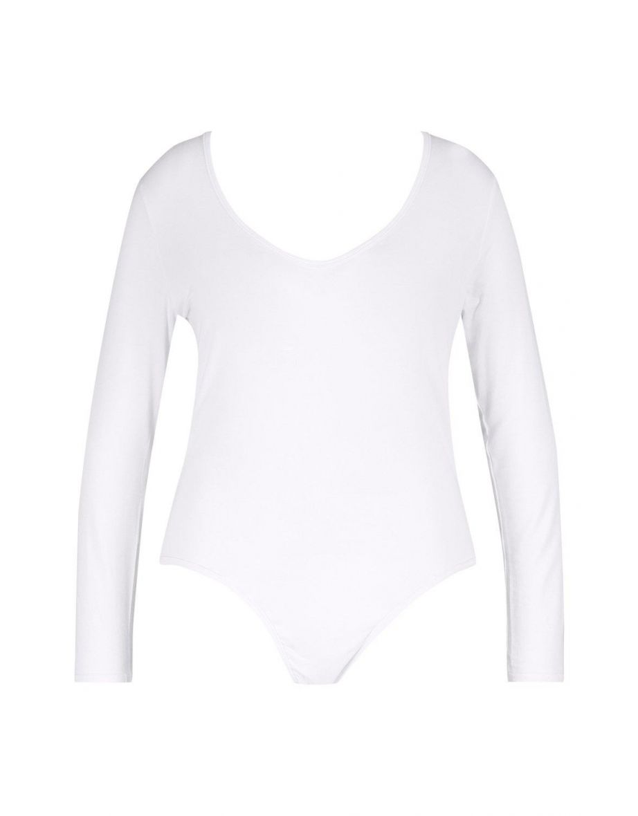 Plus Basic Long Sleeve V Neck Body Suit - white - 2