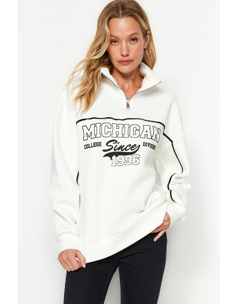 Ecru, Zipper Printed Oversized/Wide fit Stitched Fleece Inside Knitted Sweatshirt