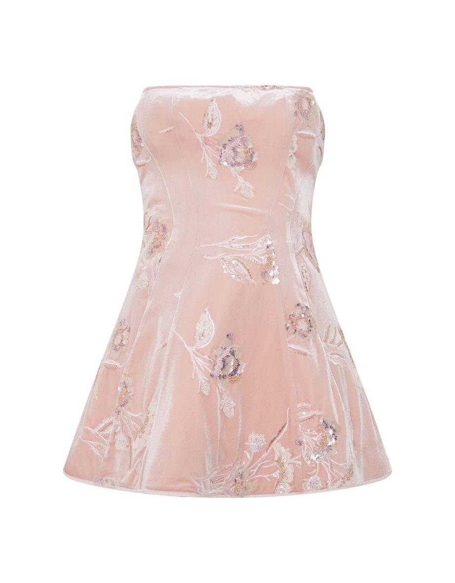 Baby Pink Velvet Embellished Bandeau A Line Dress - 2