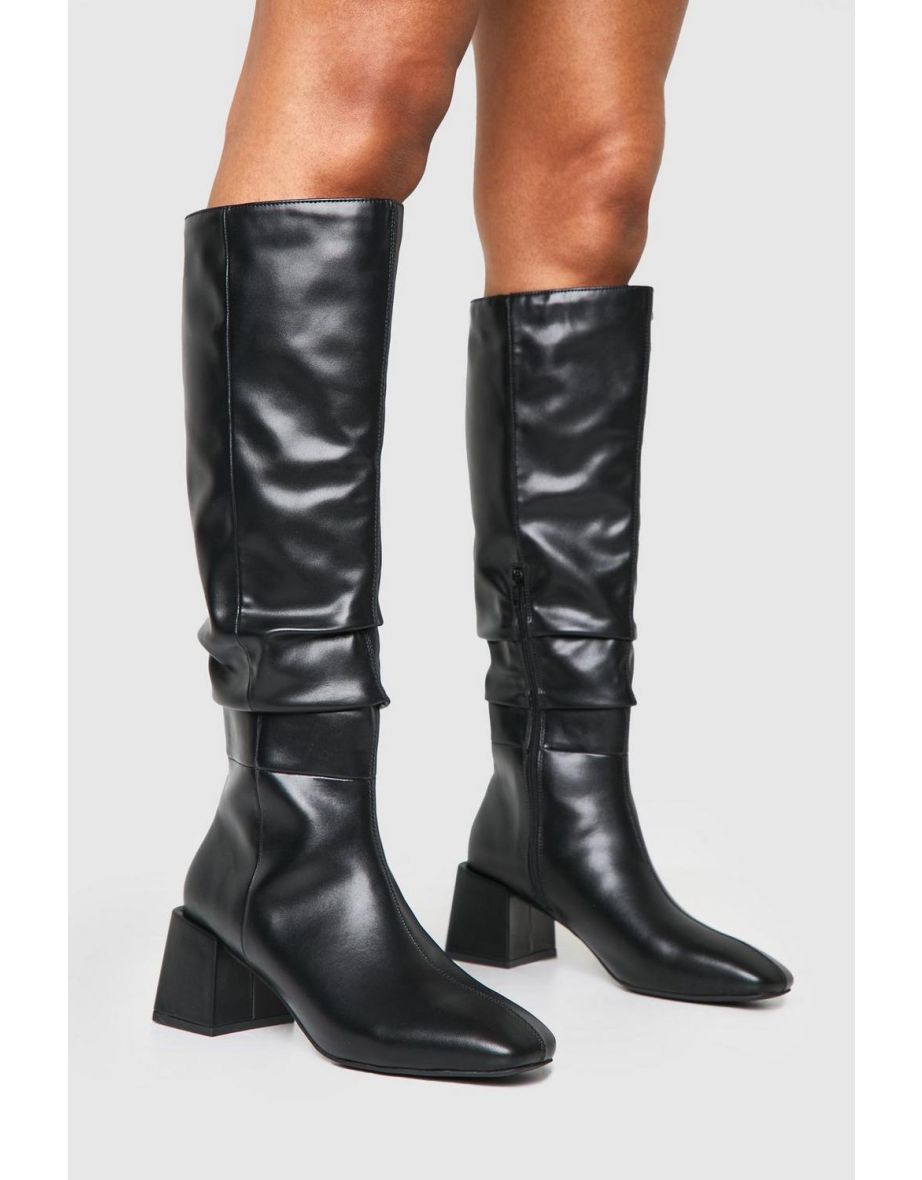 Ruched Slouch Block Heel Knee High Boots