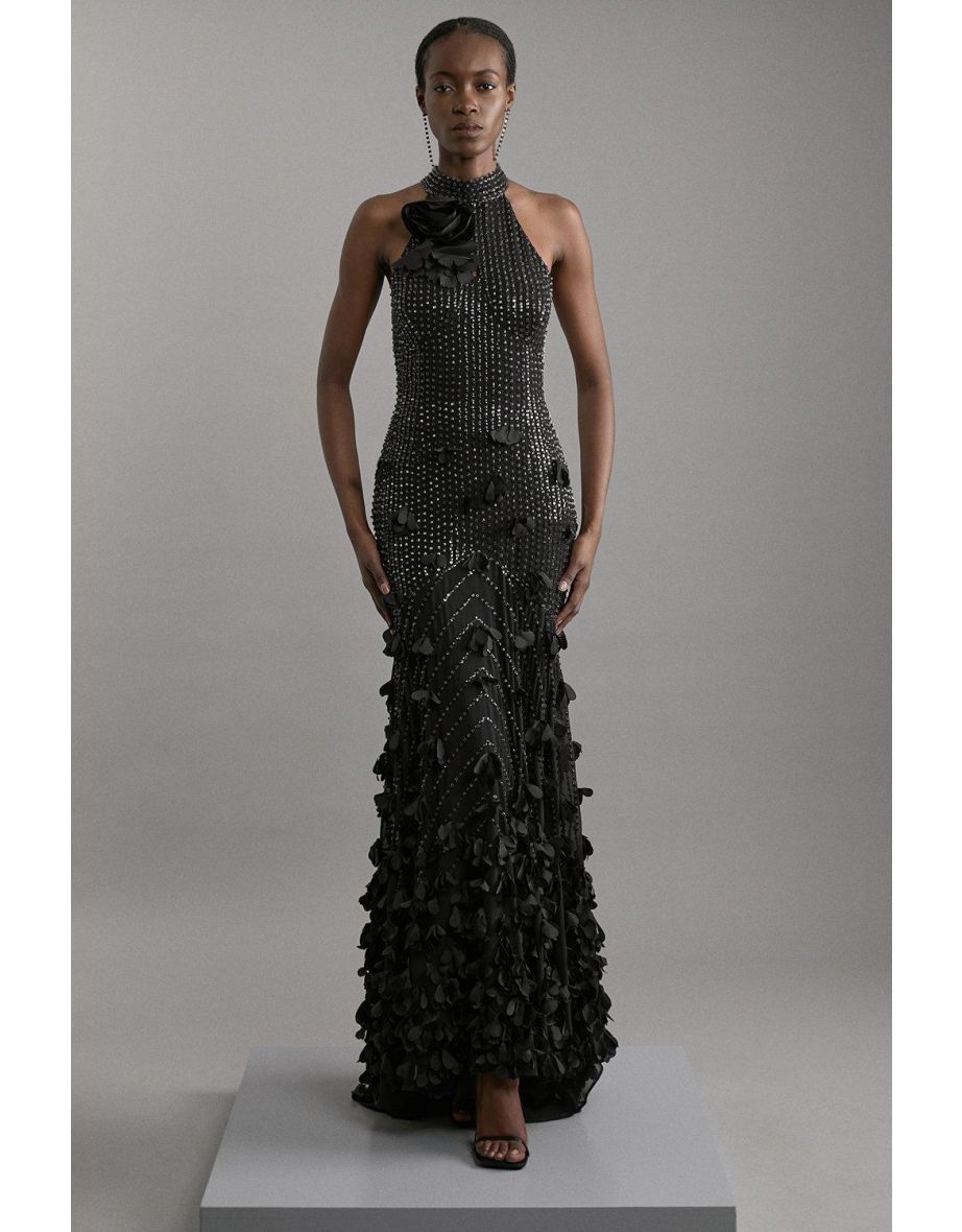 Floral Applique Crystal Embellished Woven Maxi Rosette Maxi Dress