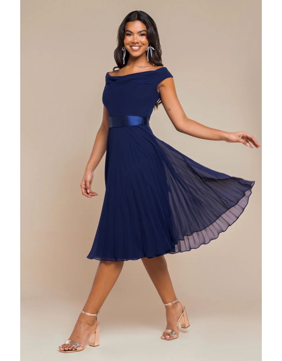 Goddiva Cowl Neck Pleated A-Line Chiffon Midi Dress