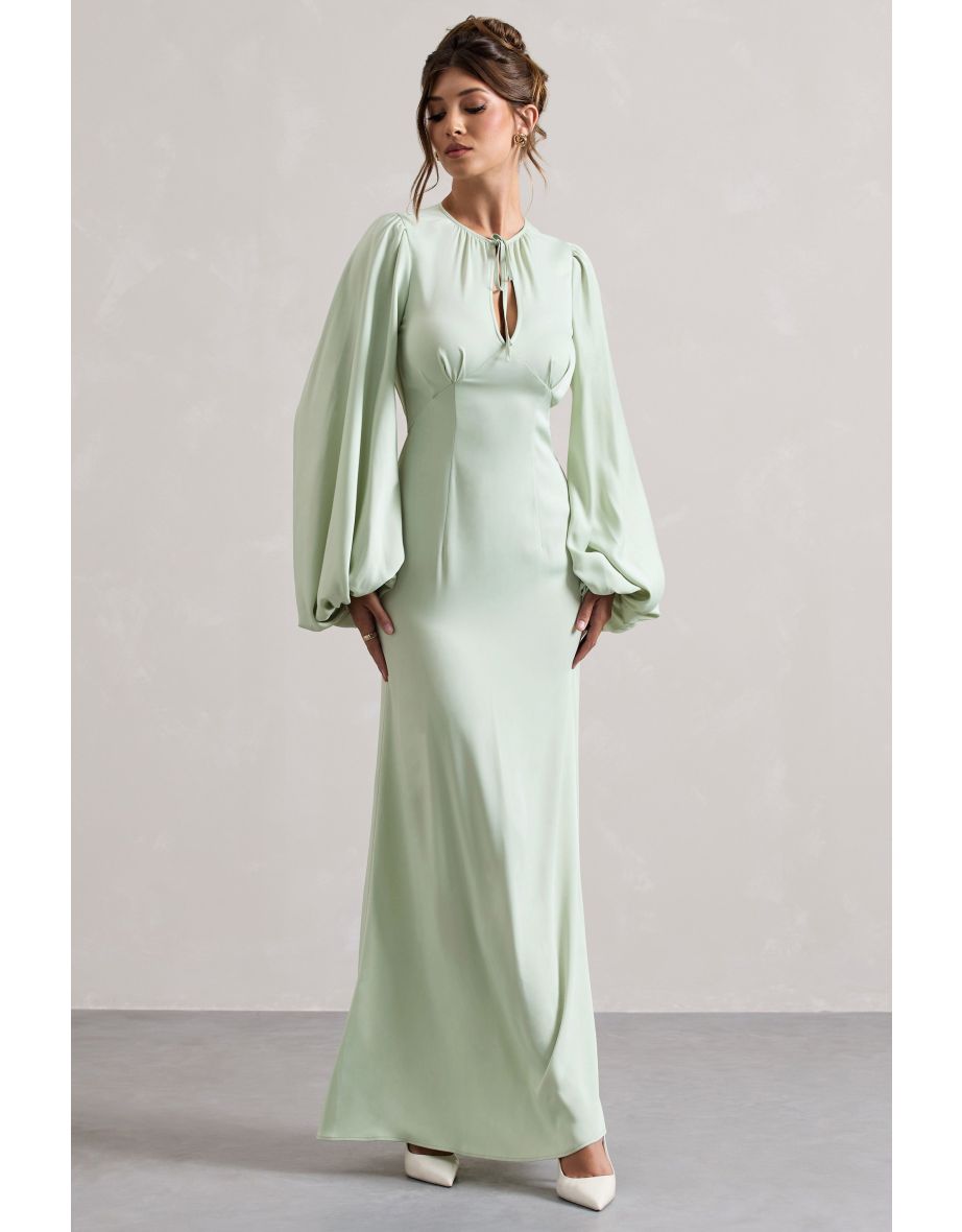 Wild Rose | Light Green Puff-Sleeve Cut-Out Maxi Dress