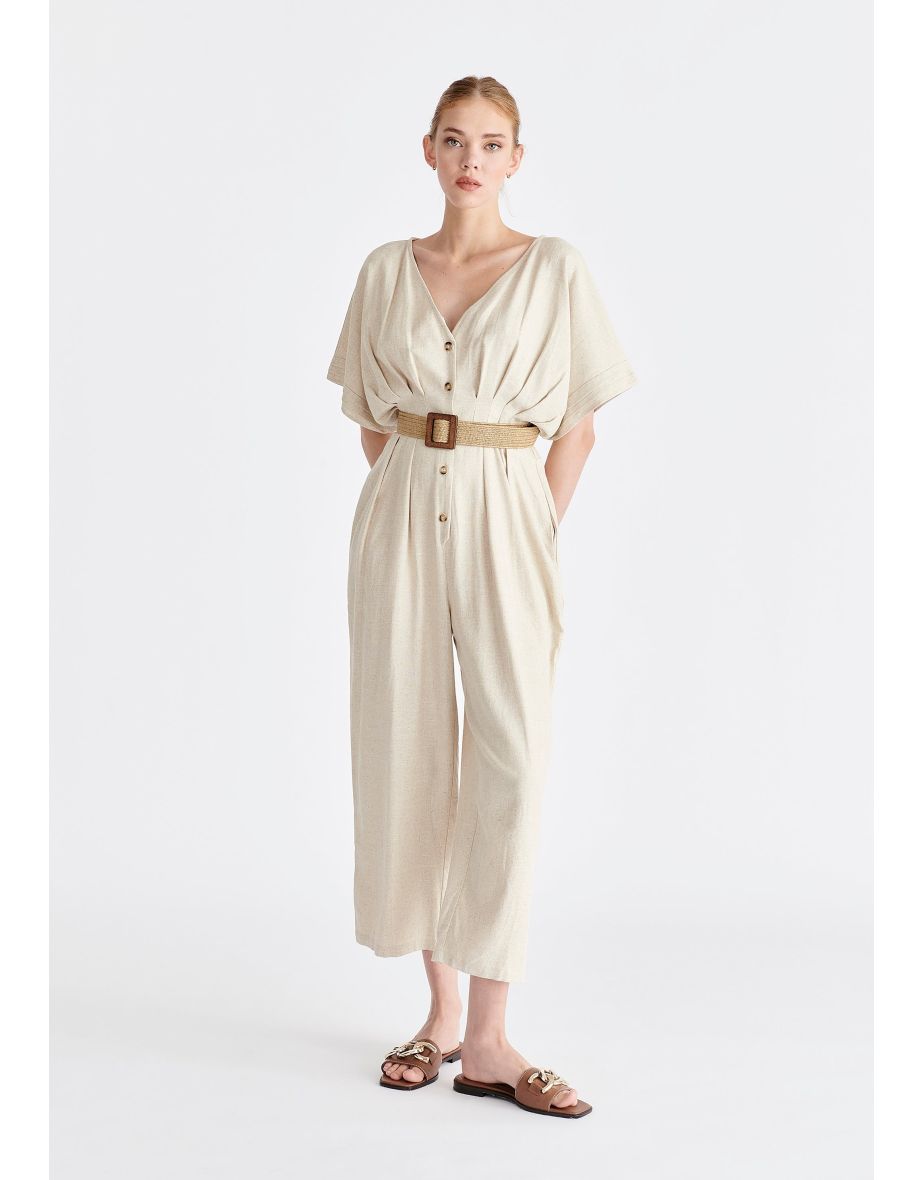 Linen Blend Button Jumpsuit