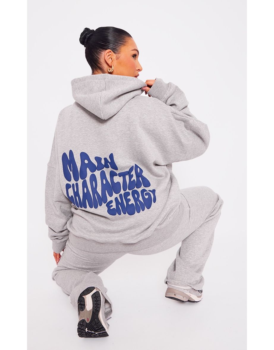 Ash Grey Oversized Main Character Energy Puff Print Hoodie