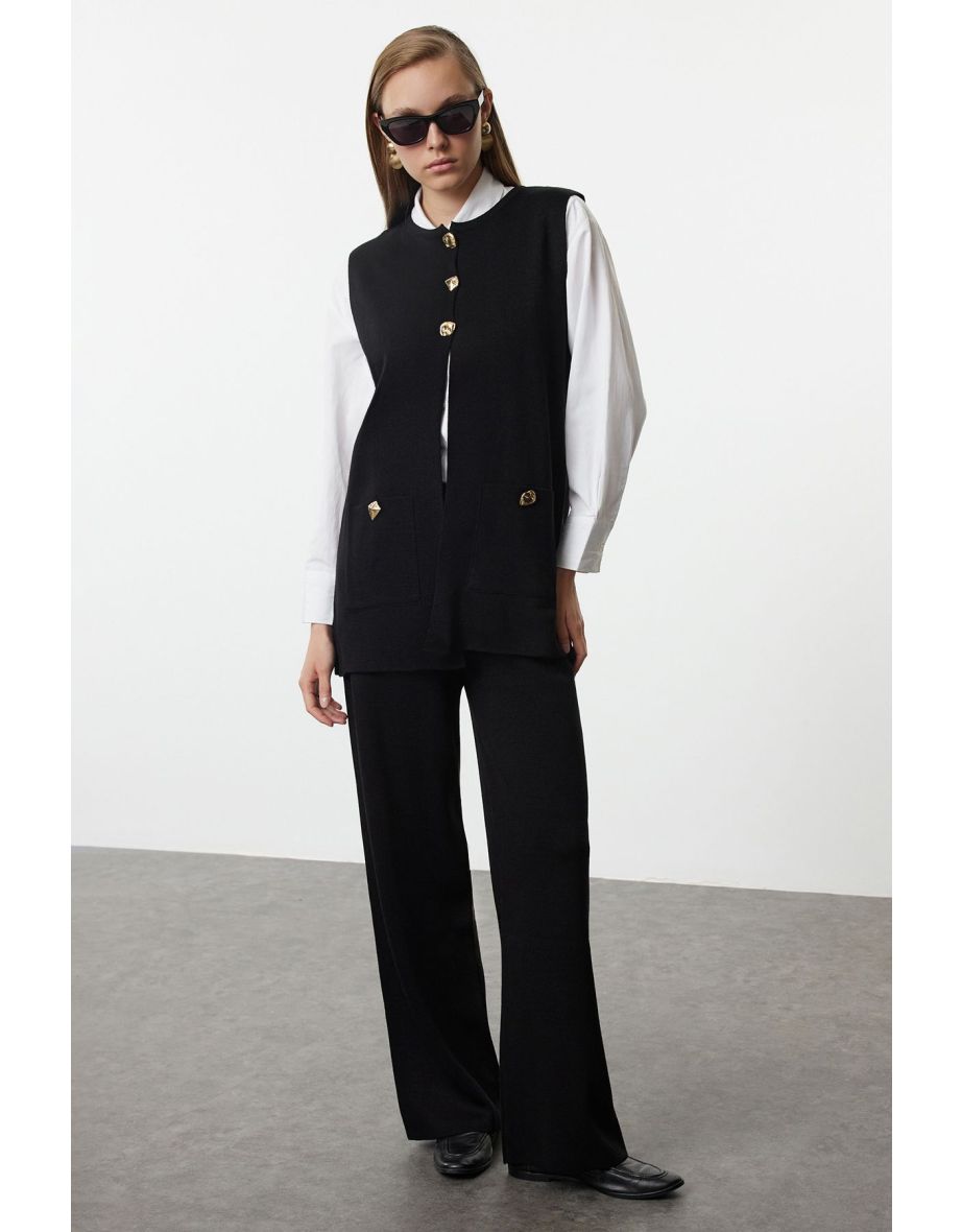 Black Button Detailed Knitwear Vest Trousers Bottom-Top Suit