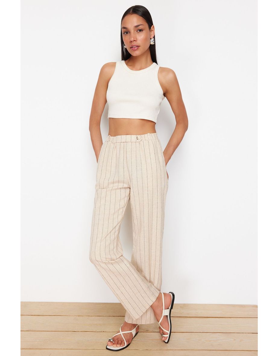 Beige Striped Linen Blend Woven Trousers