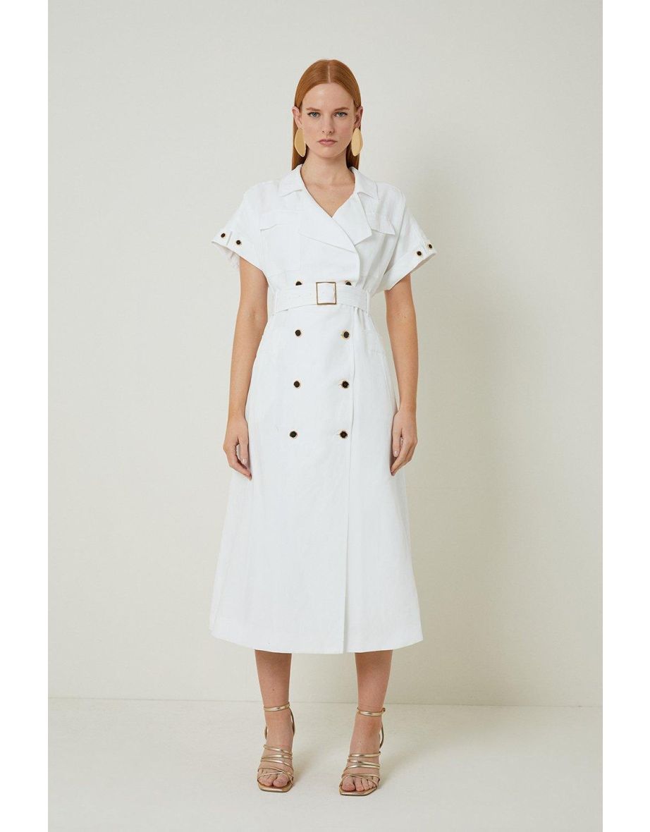 Petite Linen ViscoseFluid Tailored Double Breasted Belt Midi Shirt Dress