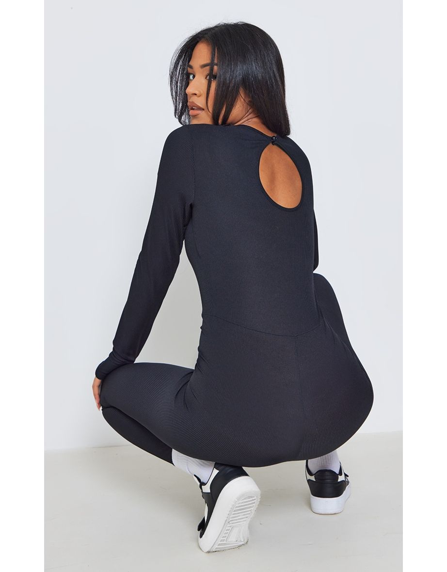 Tall Black Rib Long Sleeve Thumb Hole Jumpsuit