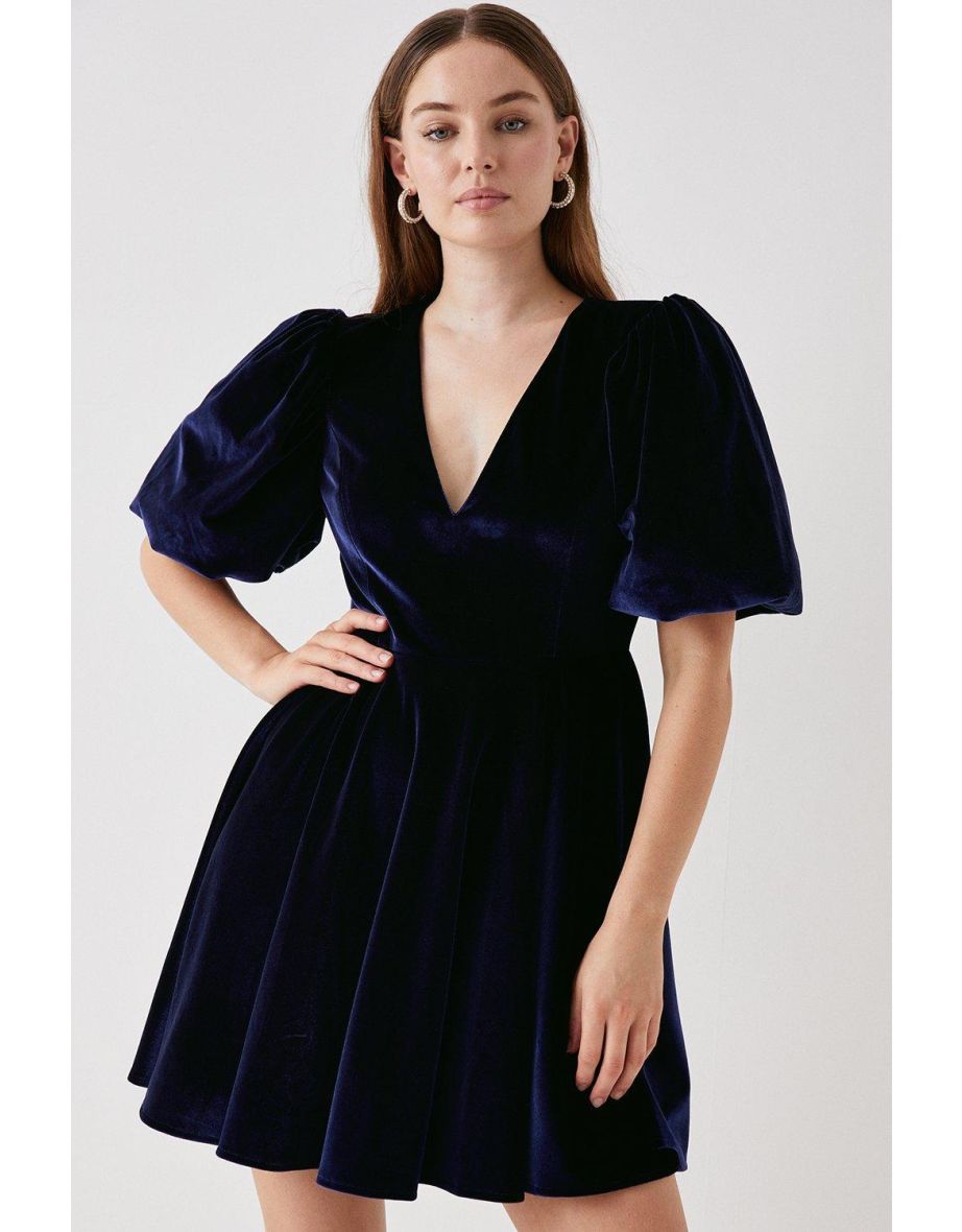 Shop Debut London Puff Sleeve Velvet Mini Dress navy Online in Bahrain VogaCloset