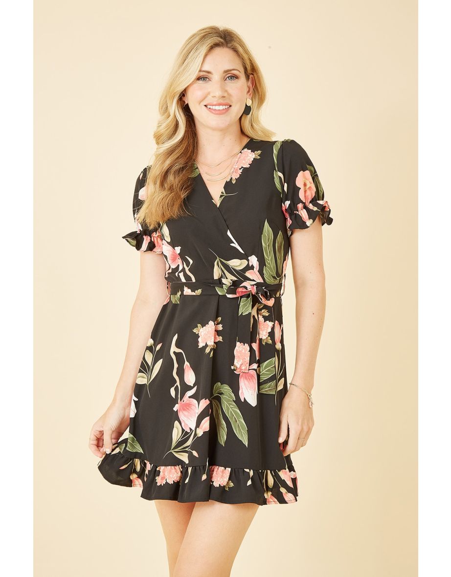 Shop Mela Black Floral Print Wrap Mini Dress Online in Qatar VogaCloset