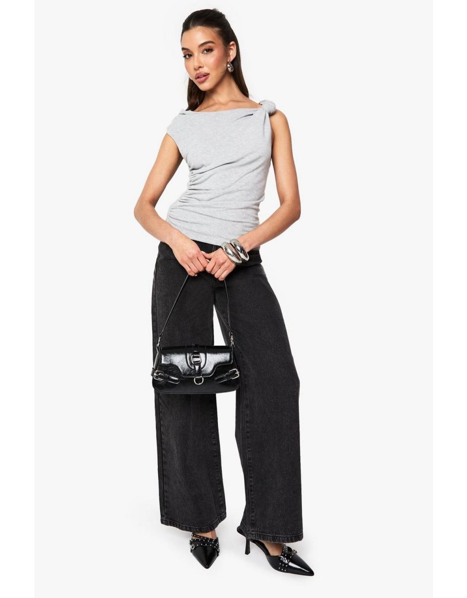 Marl Knot Shoulder Cap Sleeve Top - grey marl
