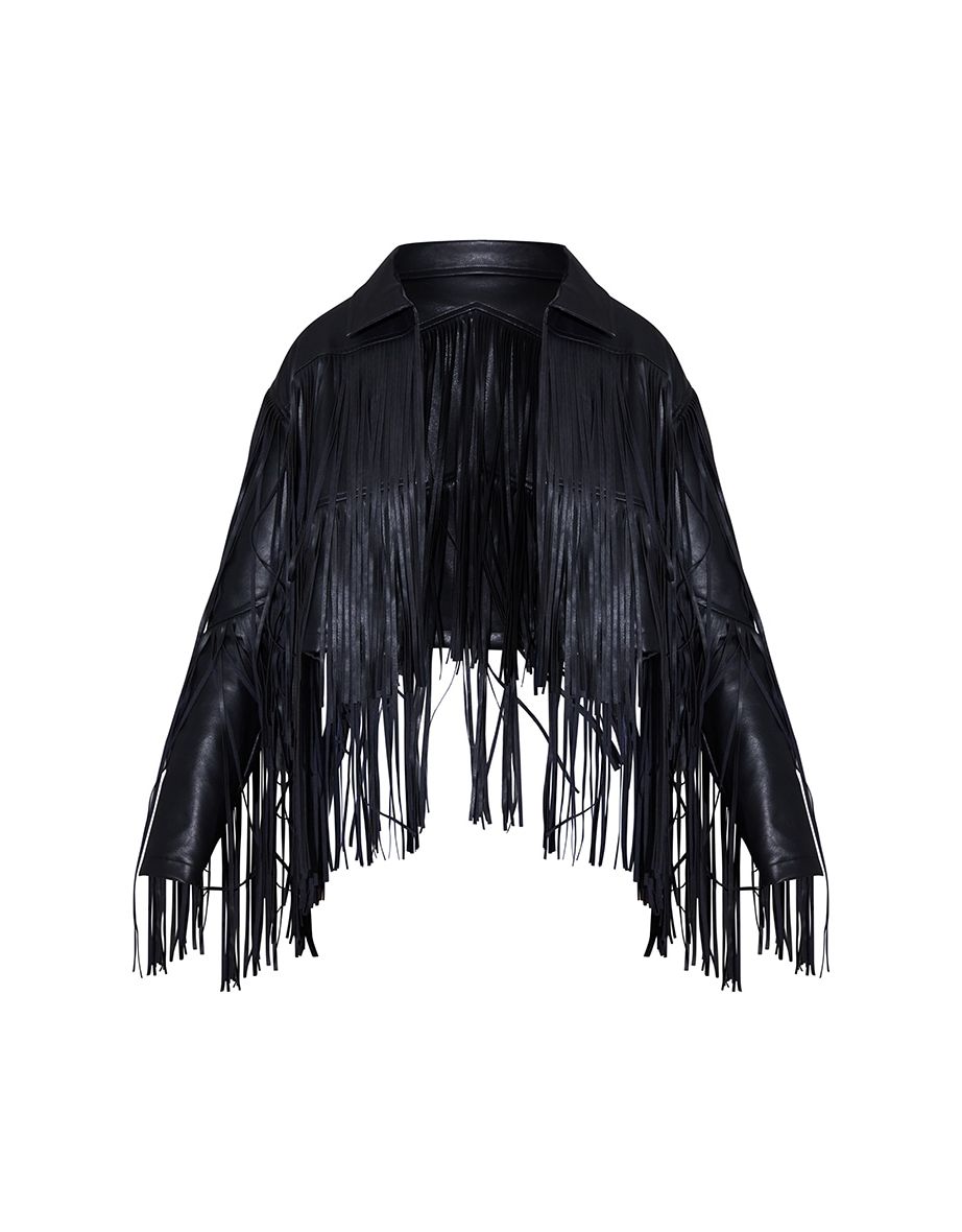 Black Faux Leather Fringe Cropped Jacket - 4