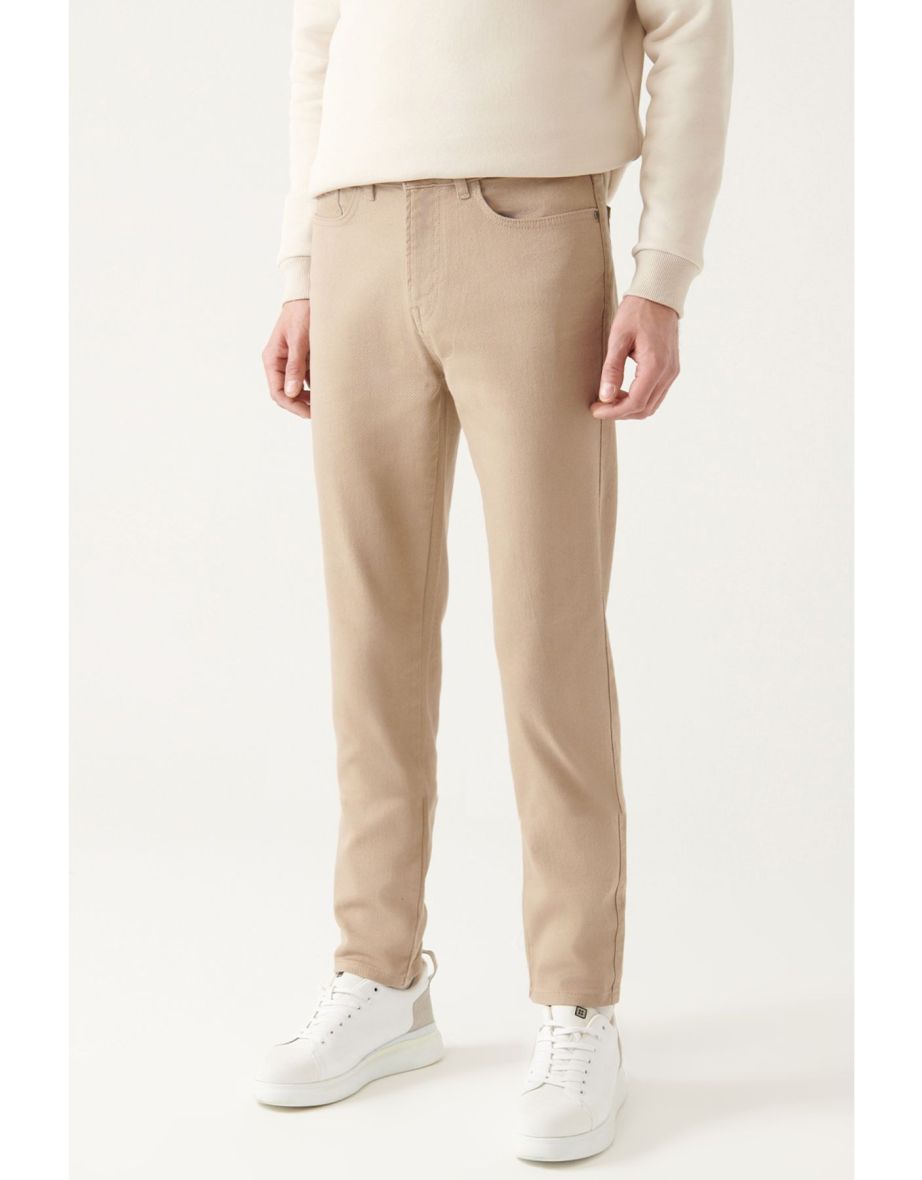 Men's Beige 5-Pocket Cotton Slim Fit Slim Fit Trousers - 4