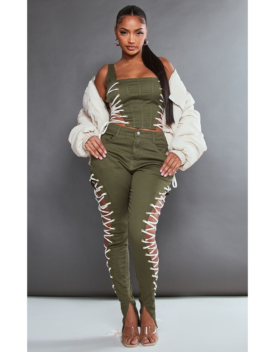 Shop Shape Khaki Lace Up Side Skinny Jeans Online in Bahrain VogaCloset