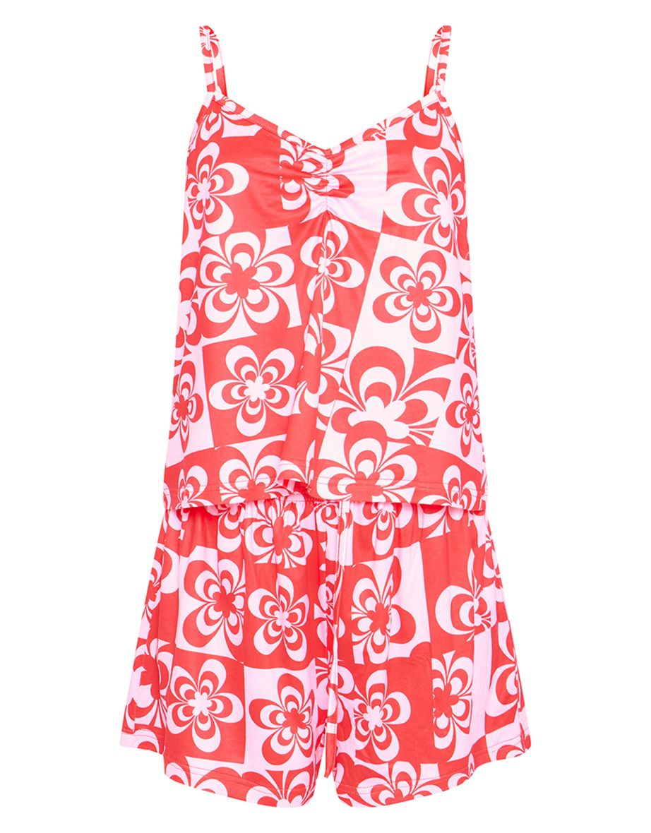 Red Retro Floral Cami And Short Pyjama Set - 4