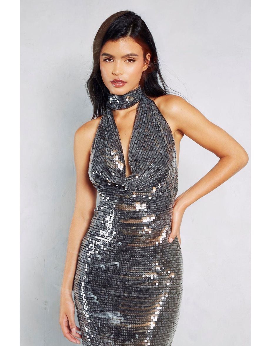 Sequin Choker Neck Halterneck Backless Maxi Dress - 3