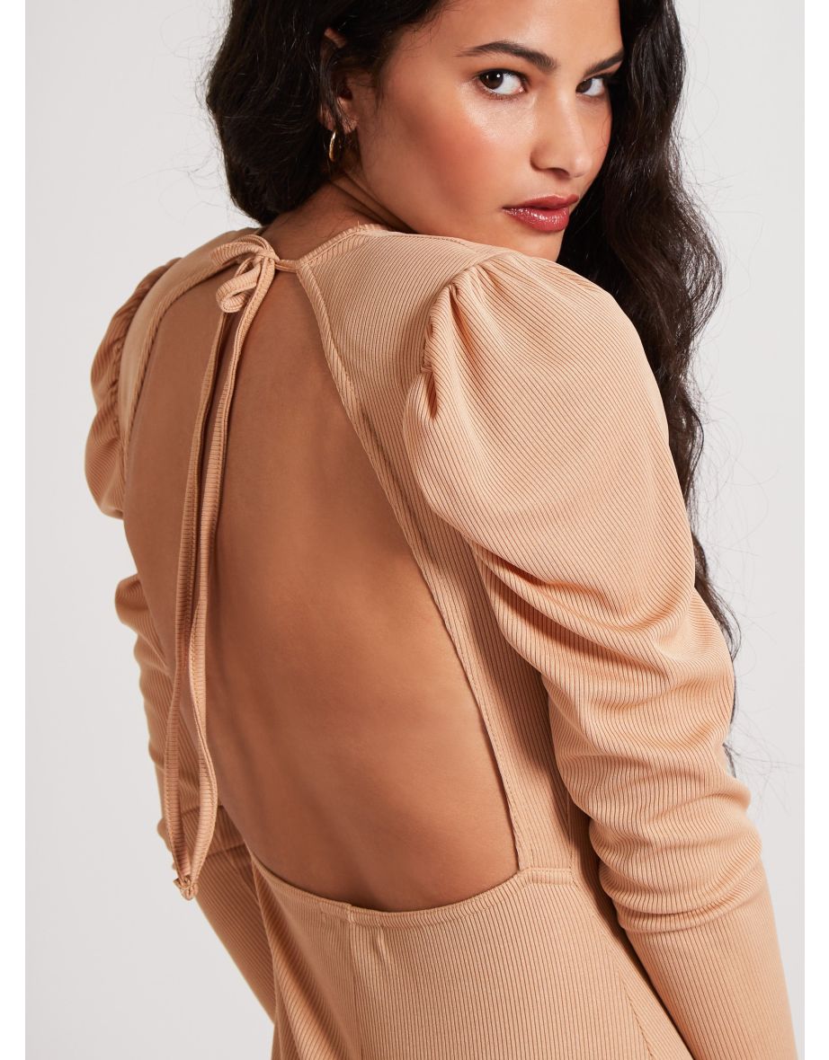 Ribbed Open Back Padded Shoulder Dress - 5