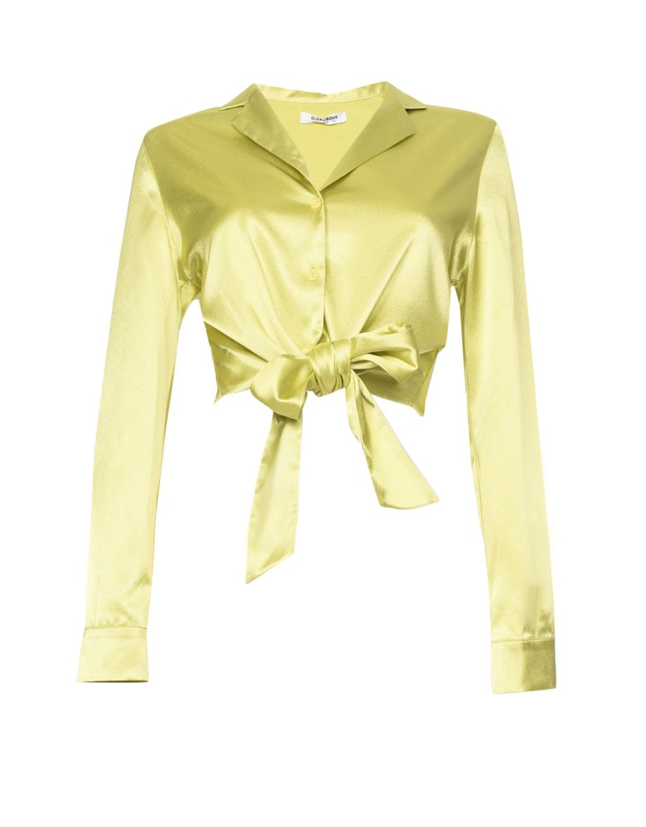 Glamorous Lime Satin Tie Button Front Cropped Shirt - 3