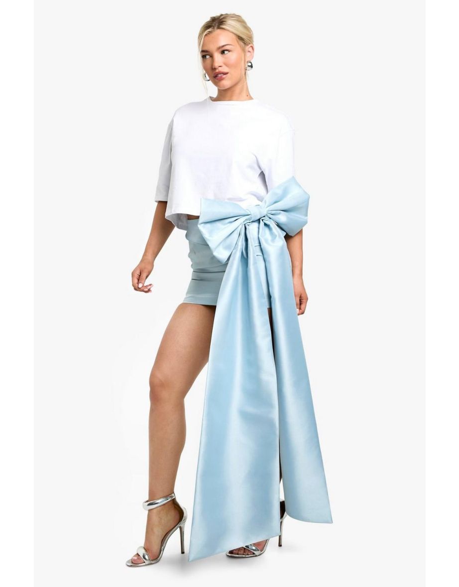 Premium Structured Bow Draped Satin Mini Skirt - baby blue