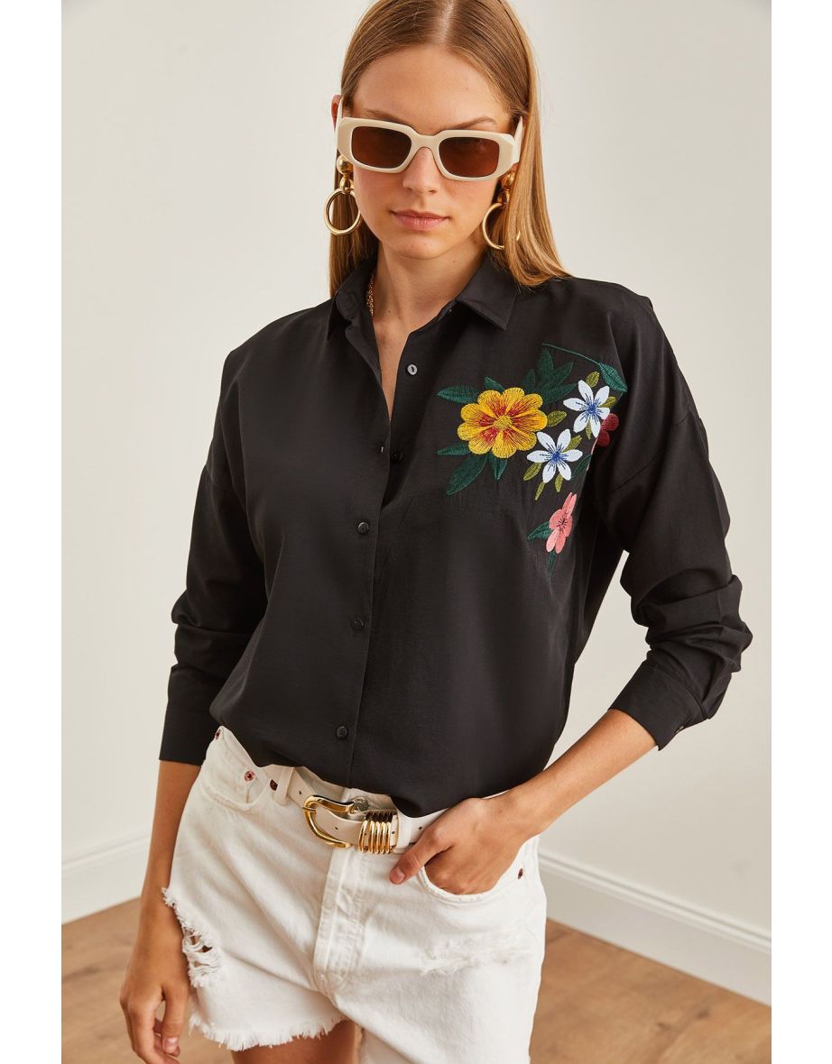 Women's Floral Black Embroidery Detailed Oversize Woven Shirt