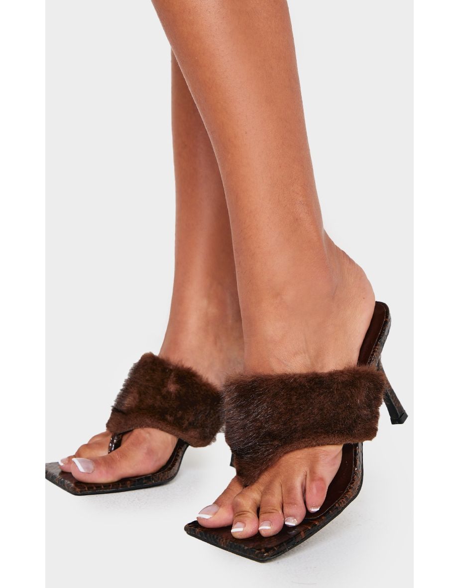 Brown Pu Square Toe Thong Faux Fur Heeled Mules