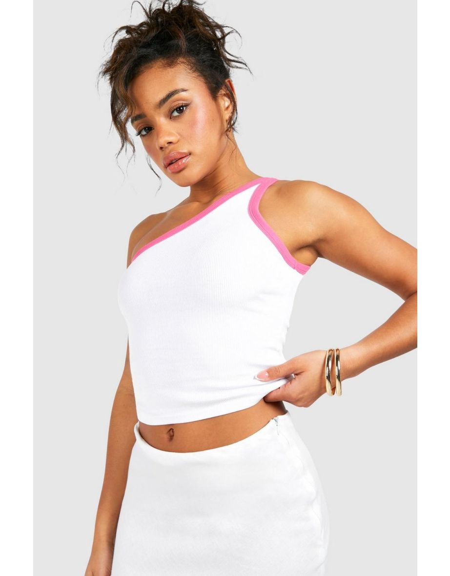 Premium Contrast Rib One Shoulder Vest - white - 3