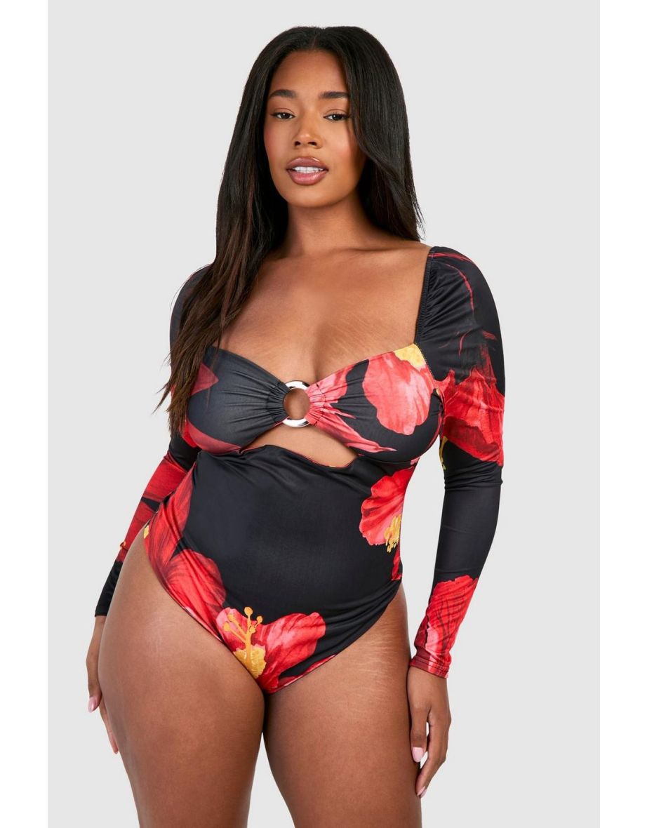 Plus Long Sleeve Ring Detail Bodysuit - floral - 3