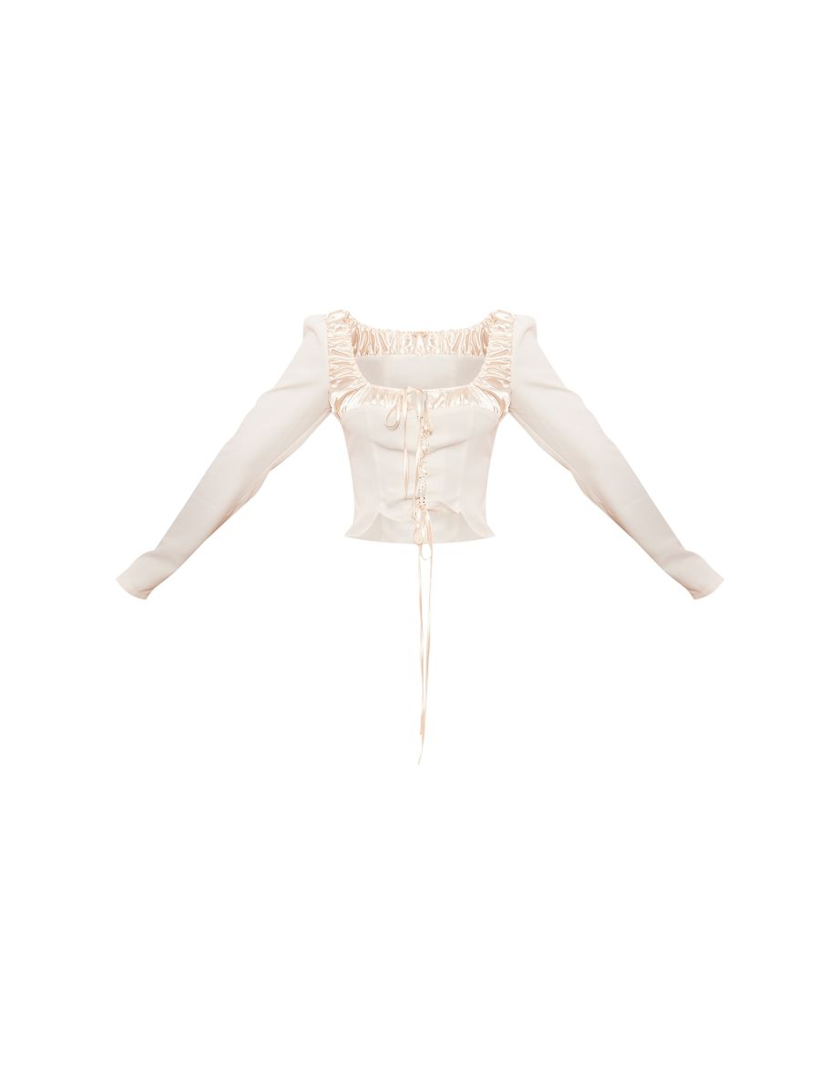 White Woven Satin Ruched Bust Tie Front Top - 4