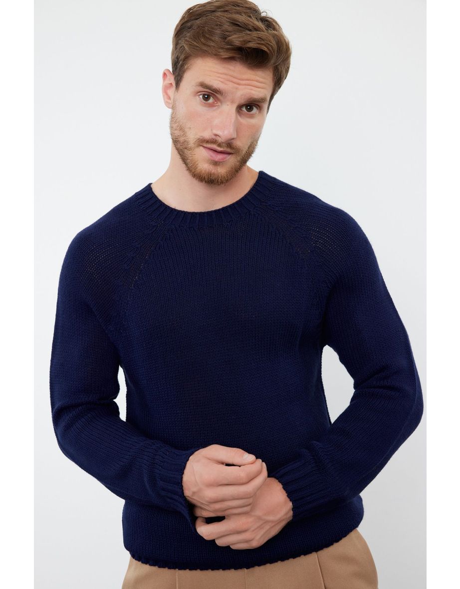 Men's Navy Blue Slim Fit Crew Neck Raglan Sleeve Seamless Basic Knitwear Sweater