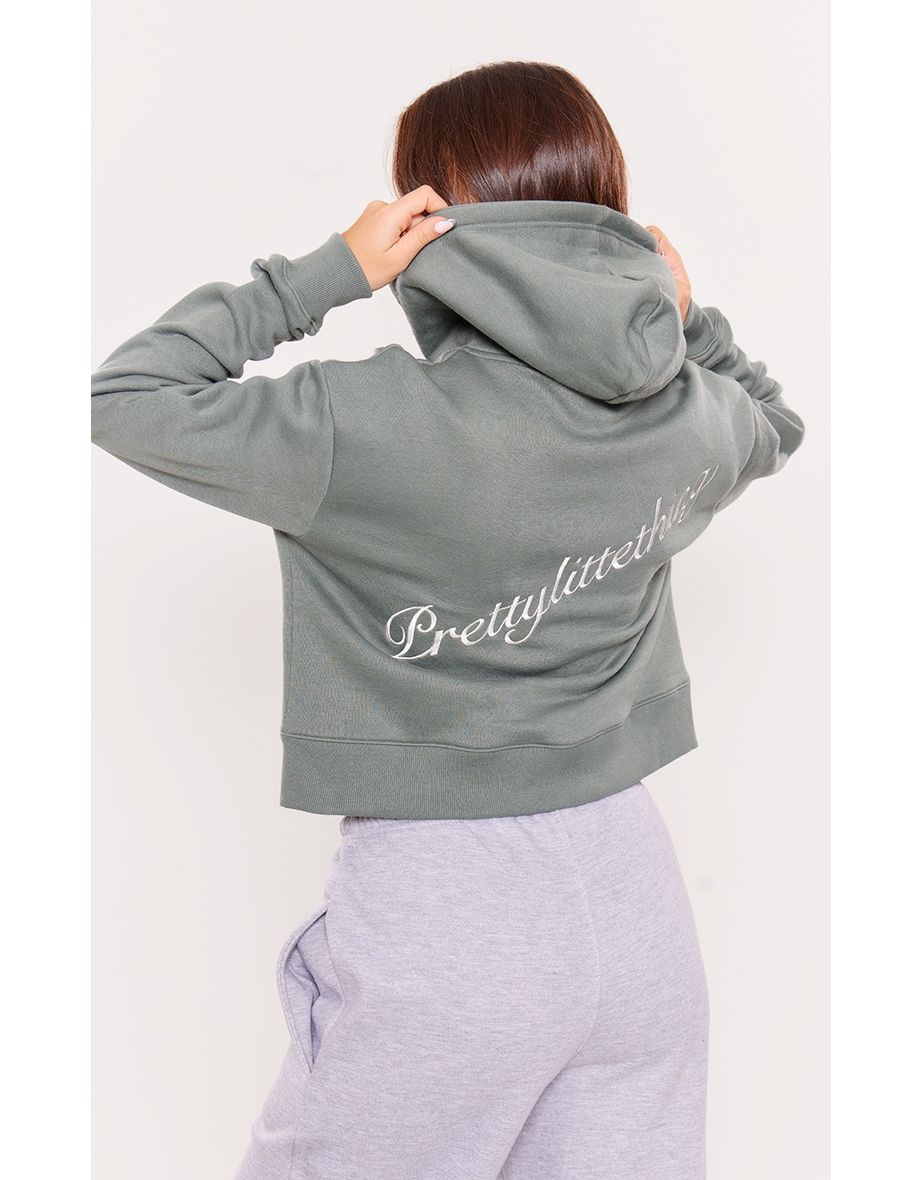 PRETTYLITTLETHING Forest Green Embroidered Back Zip Up Cropped Hoodie