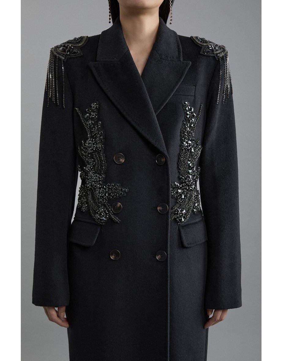 Petite Wool Blend Crystal Embellished Double Breasted Tailored Maxi Coat - 2
