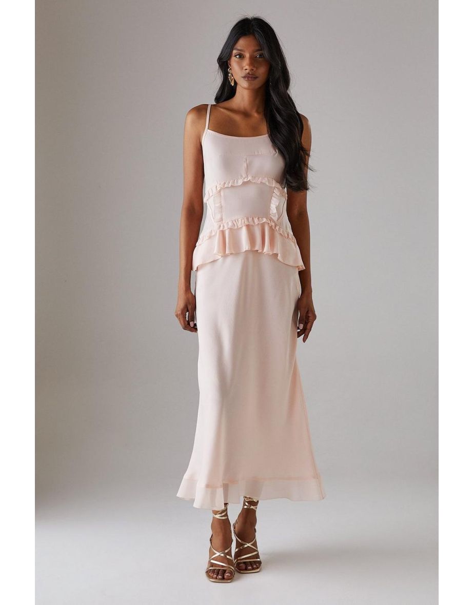Satin Strappy Seam Detail Peplum Midi Dress