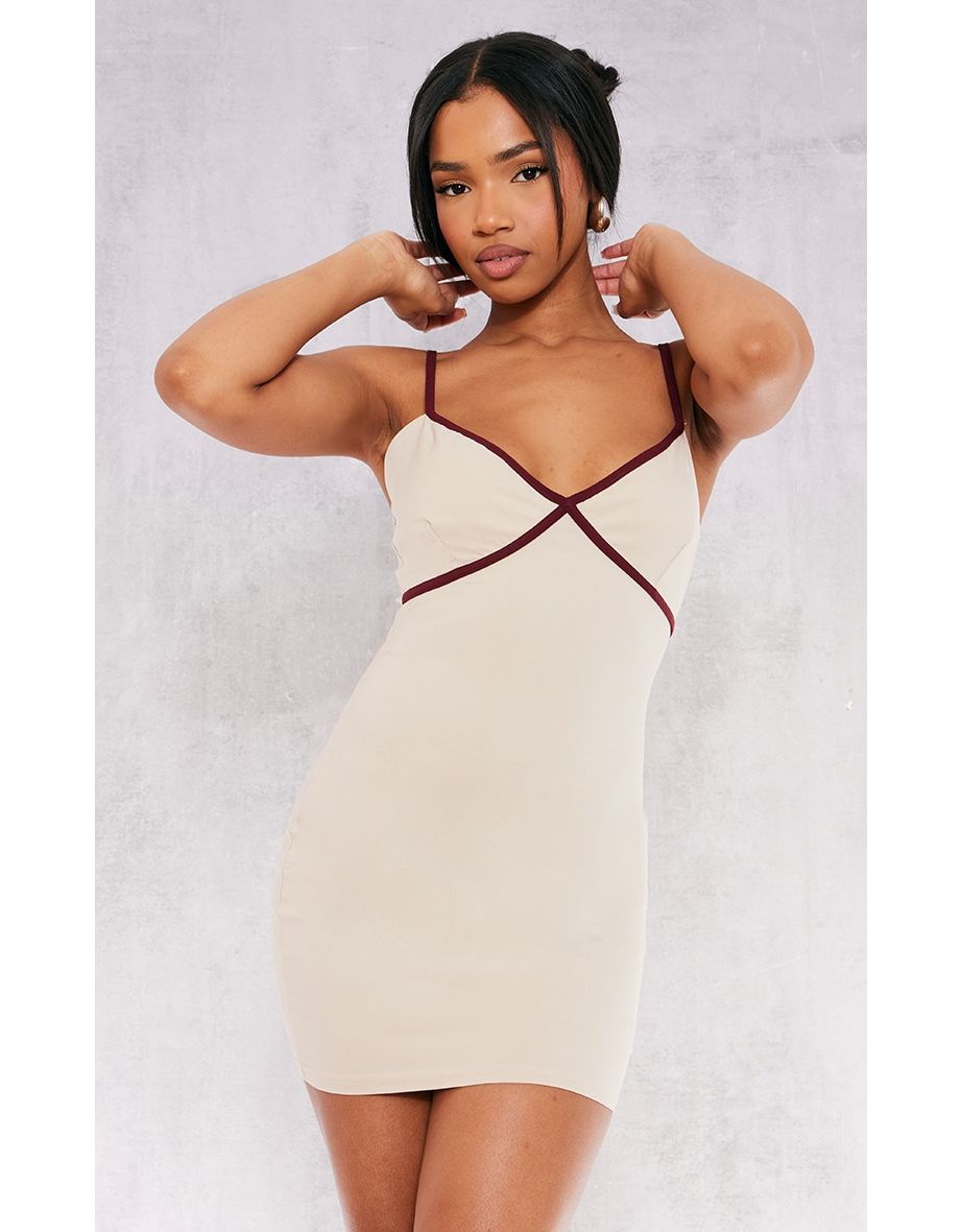 Stone Stretch Woven Contrast Cup Binding Mini Dress