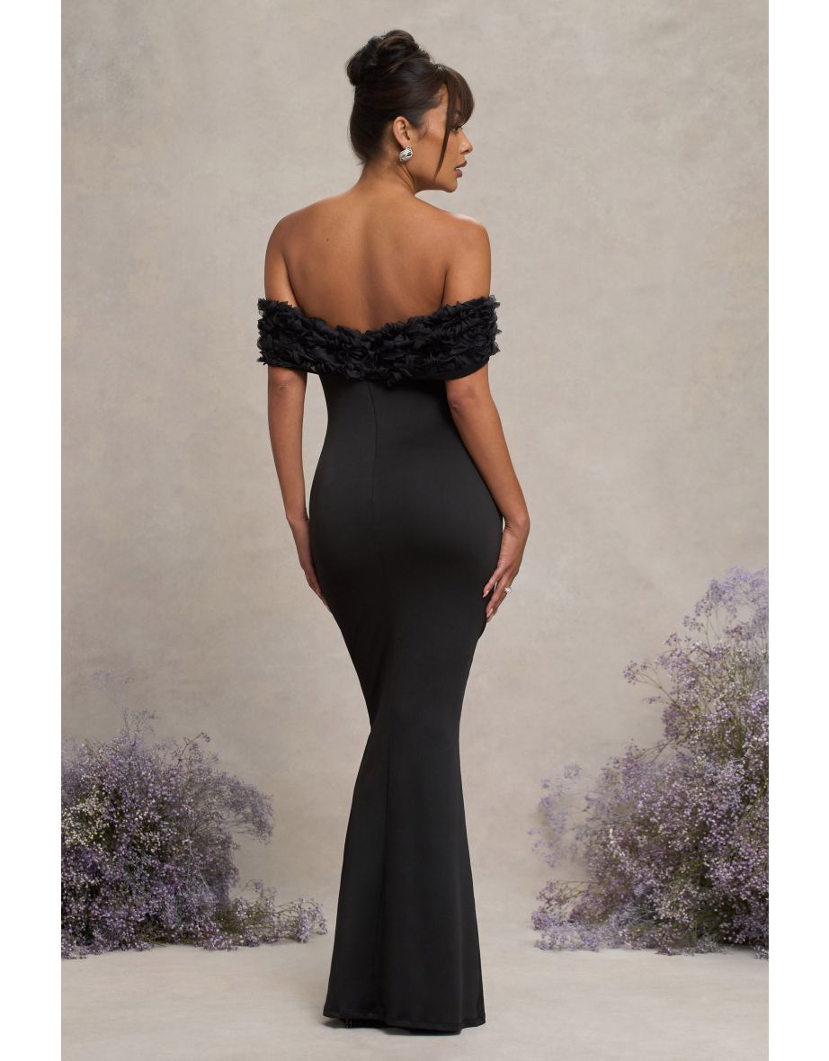 Inflorescence | Black Mesh Floral Bardot Maternity Maxi Dress