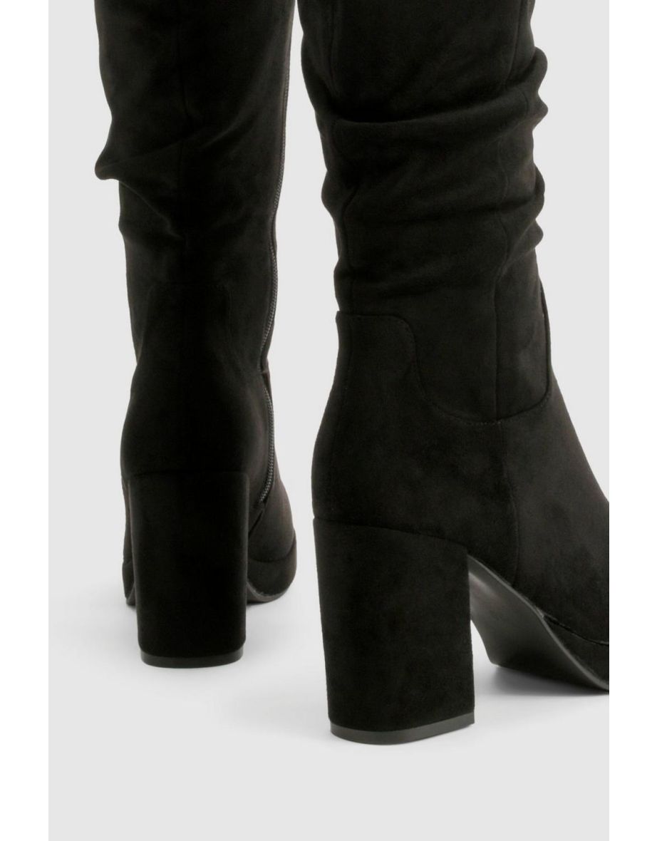 Faux Suede Platform Ruched Knee High Boots - black - 3