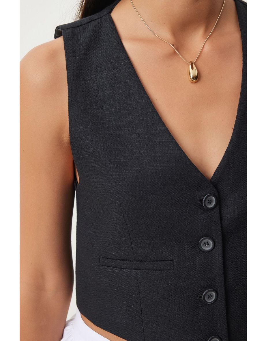Women's Black Linen Short Waistcoat - 3
