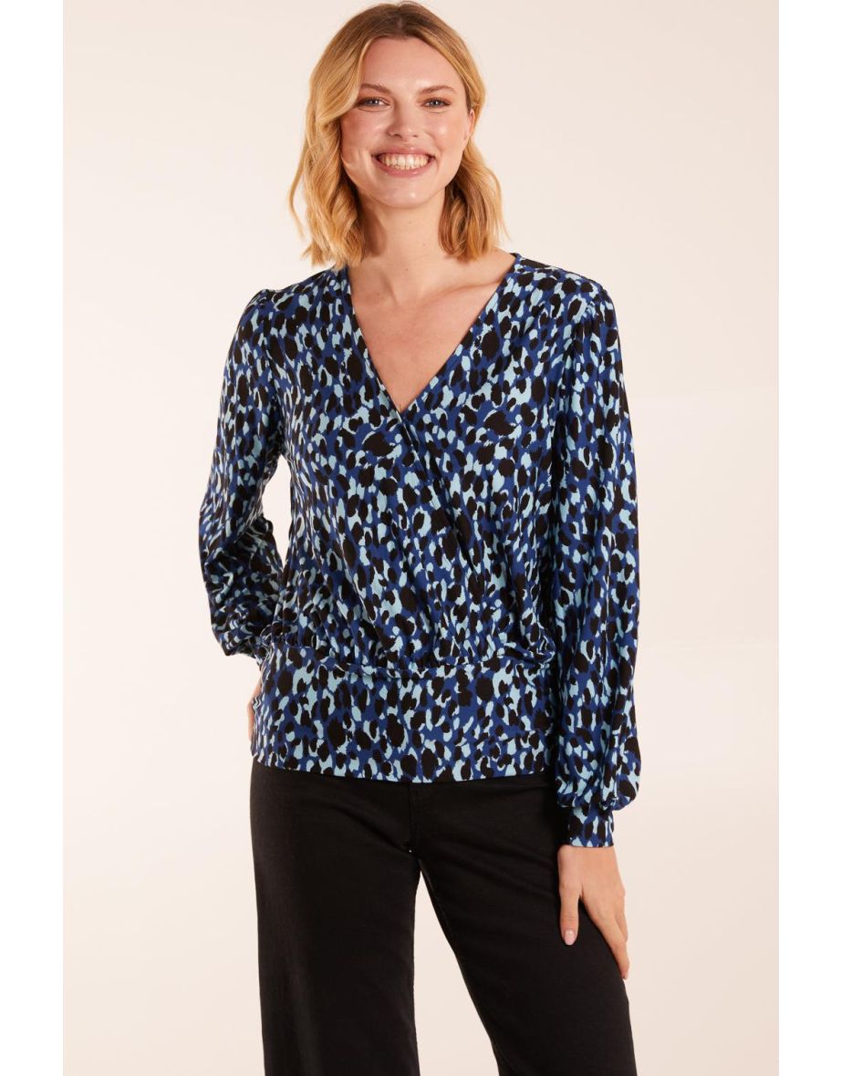 Leopard Print Wrap Front Geometric Deep Hem Band Top