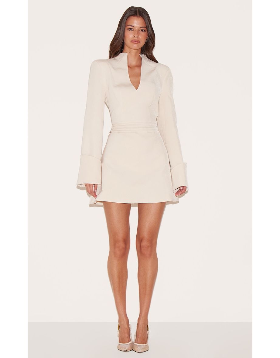 Almond Woven V Neck Mini Dress