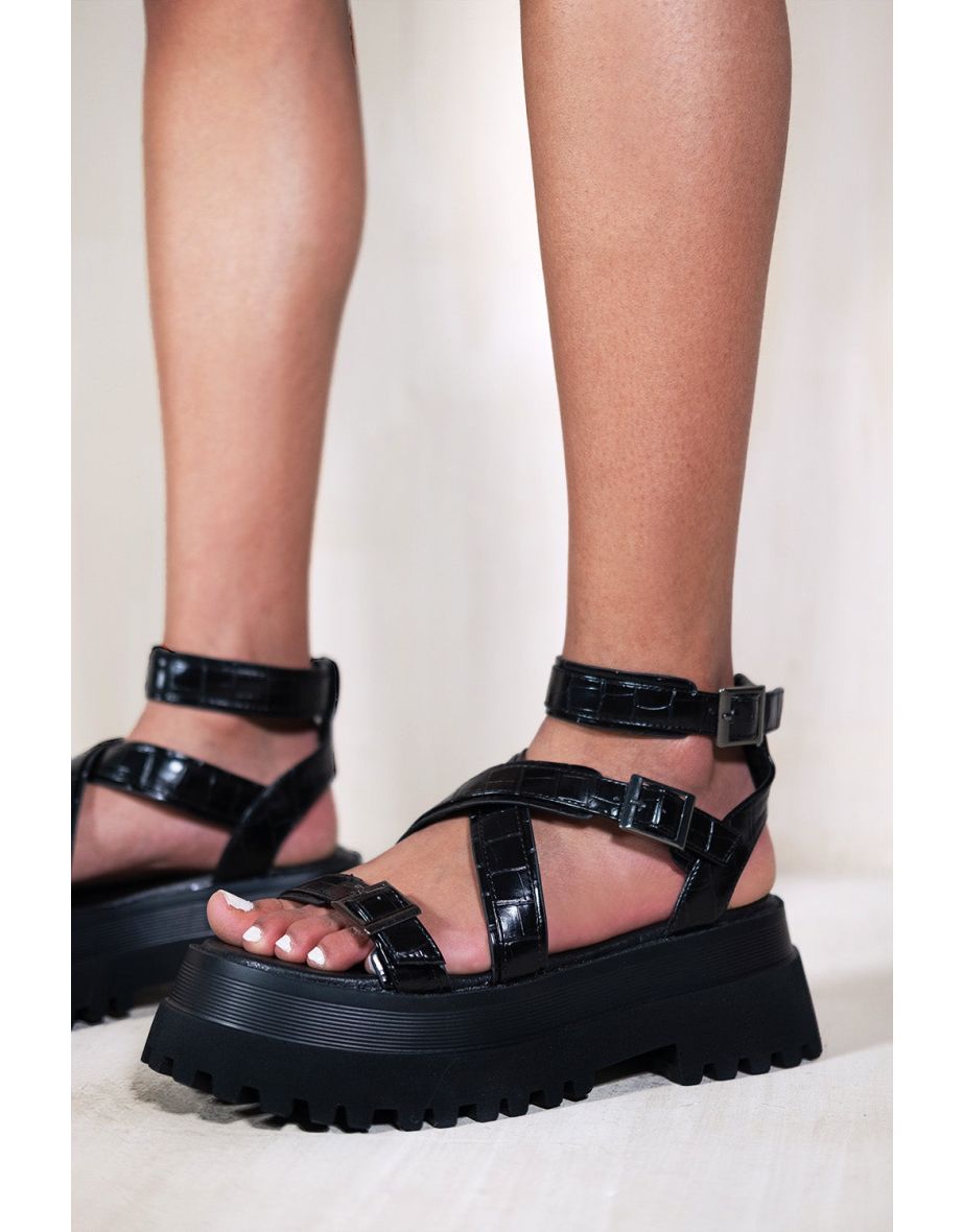 CHUNKY PLATFORM SANDALS WITH ANKLE STRAP IN BLACK CROC - 1