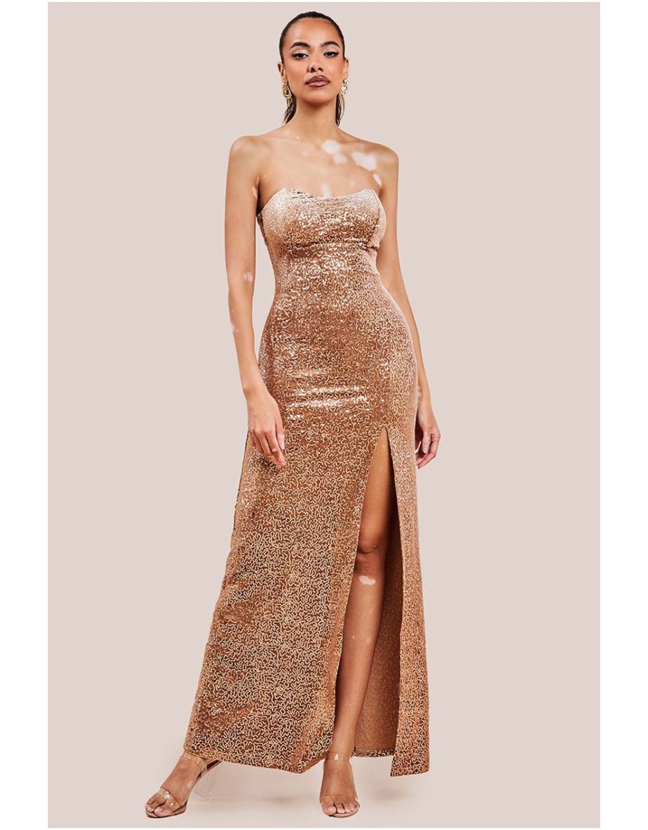 Goddiva Sequin Velvet Bandeau Maxi Dress - Champagne
