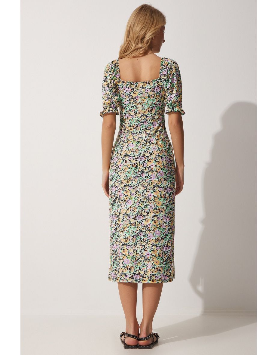 Women's Yellow Black Elastic Carmen Collar Viscose Summer Dress - 4