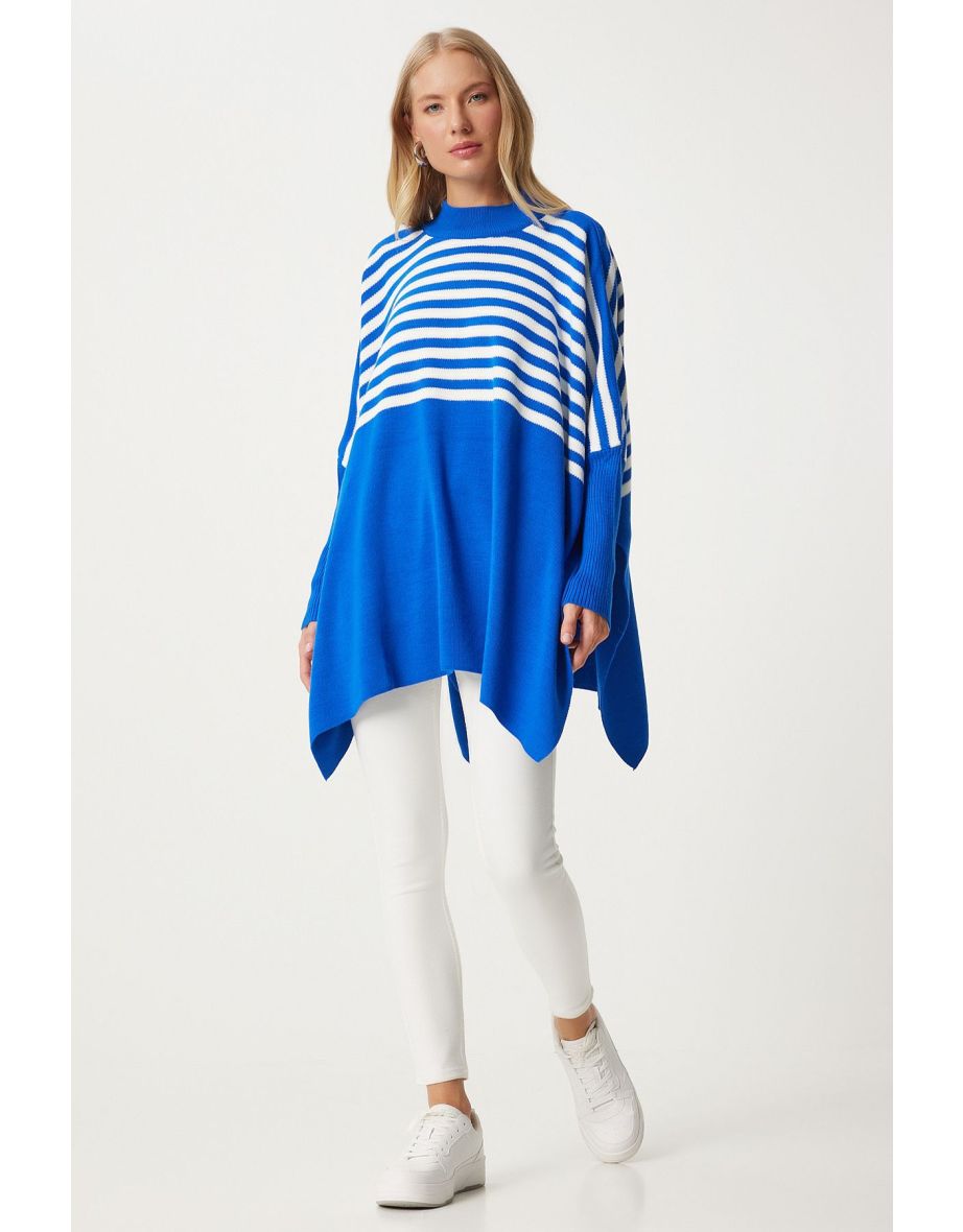 Women's Blue Striped Side Slit Oversize Poncho Sweater
