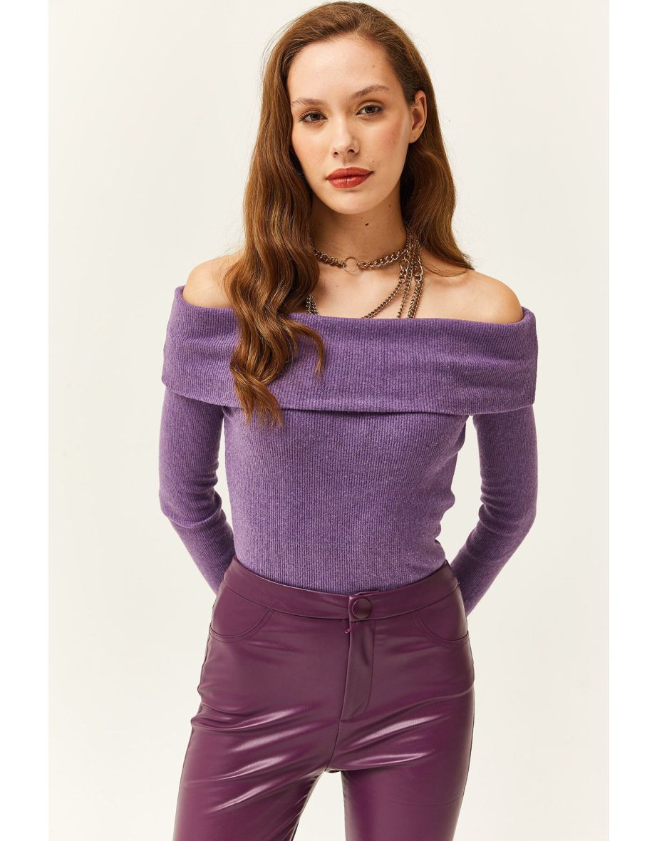 Women's Purple Madonna Collar Raised Camisole Blouse - 5