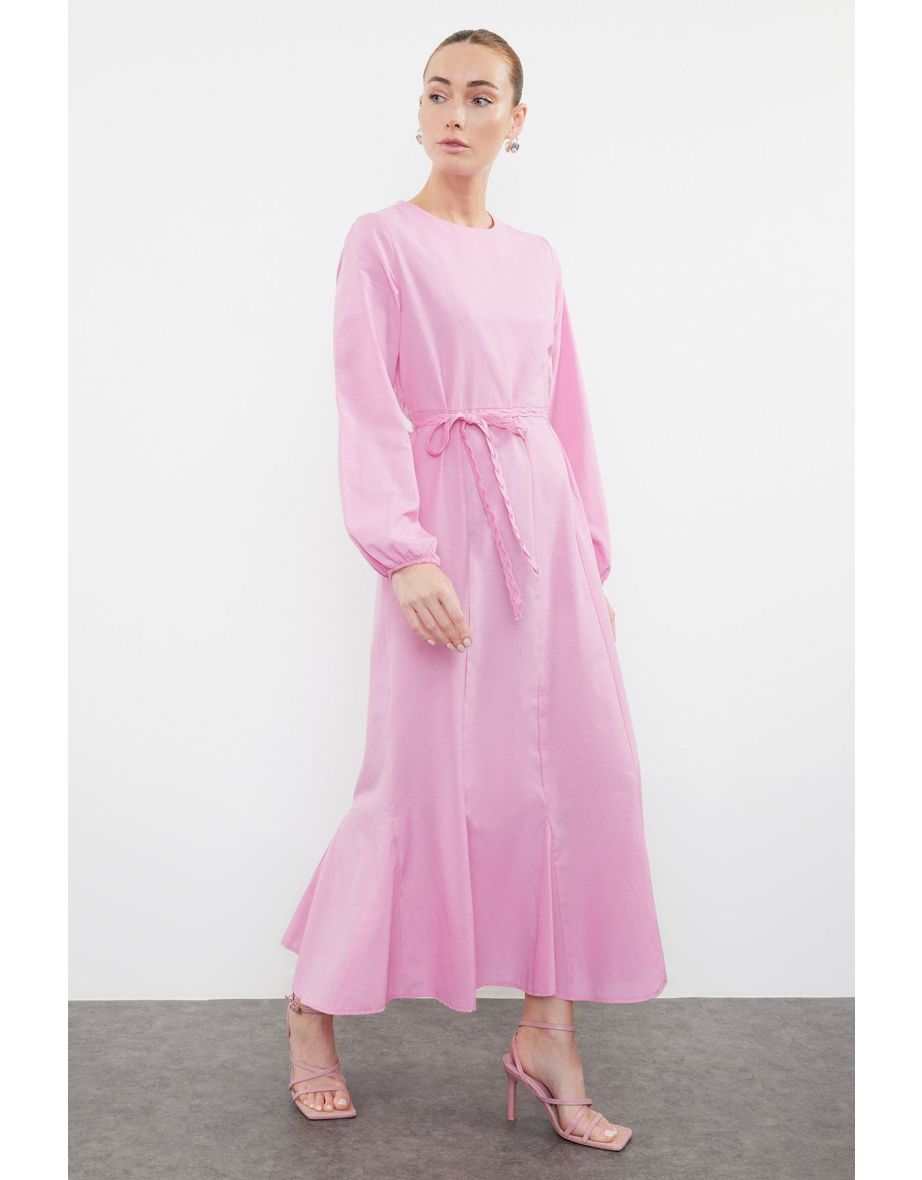 Pink Belted Woven Cotton Dress