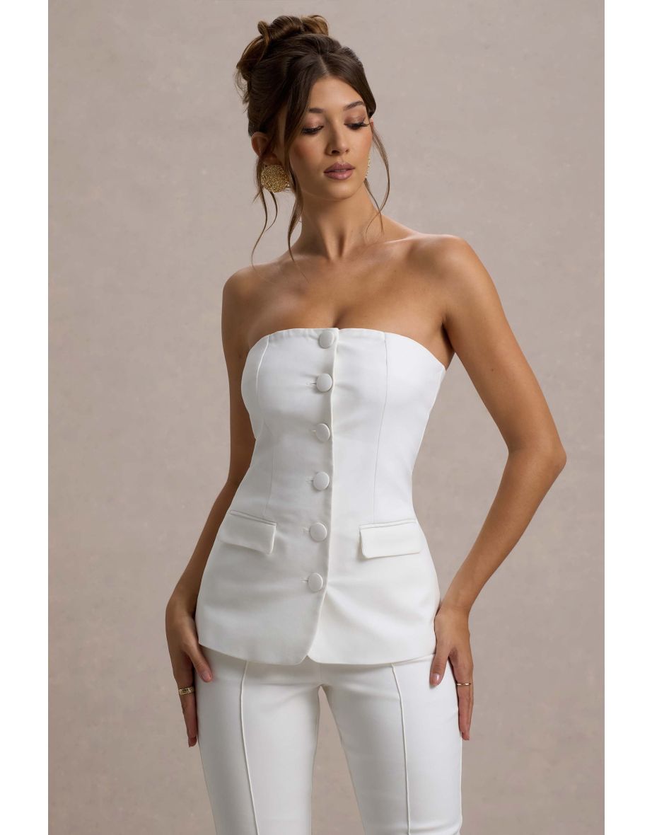 Elliana | White Strapless Button Front Tailored Top